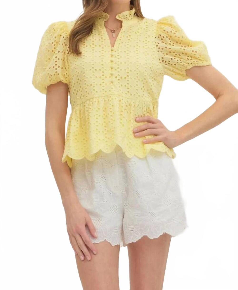 NEW ENTRO delilah eyelet puff sleeve top in yellow